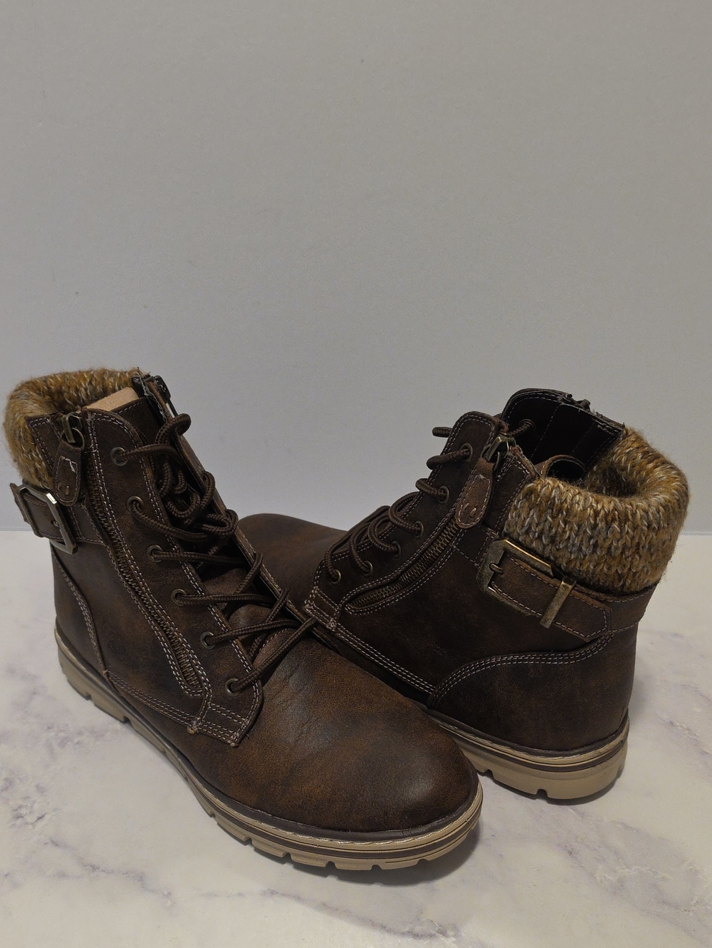 Clifft Brown Lace-Up Faux Fur Collar  Boots